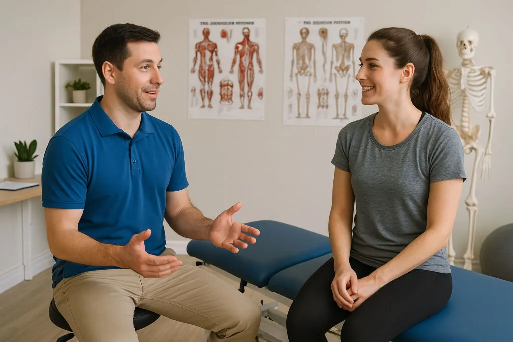 Consultation médicale entre un physio et un patient.